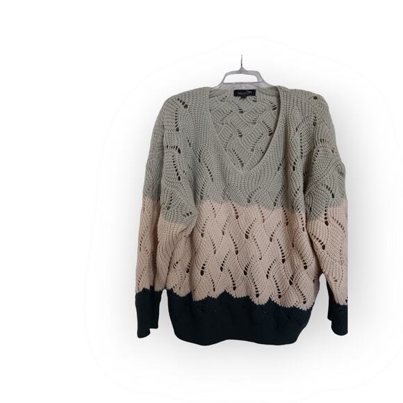 Suzanne Betro Signature Minnie Y open weave v neck color block sweater L/XL - Picture 2 of 3